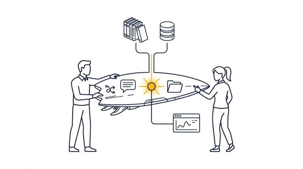 Illustration: Zwei Personen tragen gemeinsam das SoloBusinessSurfers Board mit Symbolen für Wissen, Chat, Dateien und Dashboards
